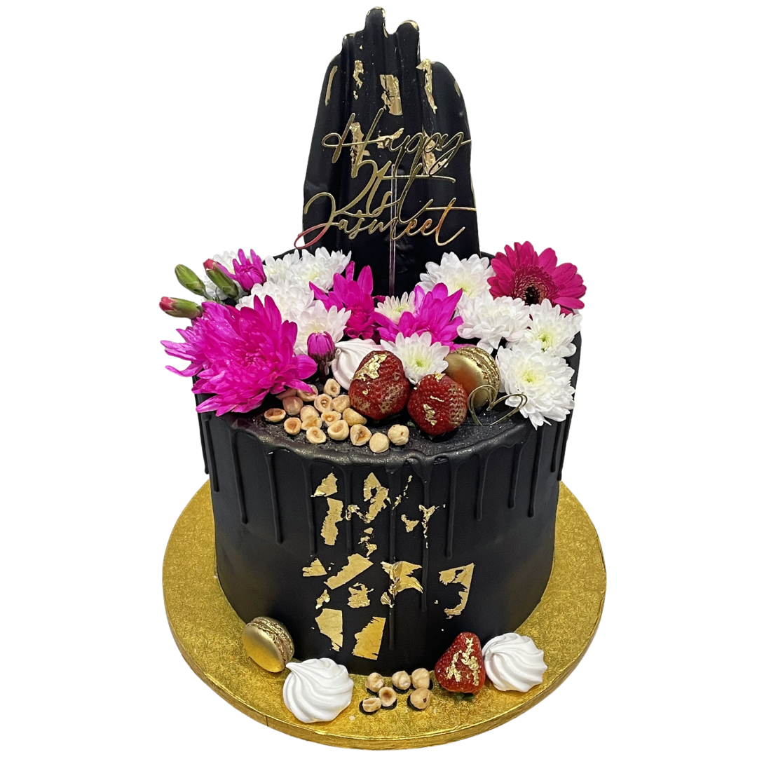 BLACK ELEGANCE FLORAL DRIP CAKE