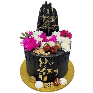 BLACK ELEGANCE FLORAL DRIP CAKE