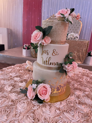 SHIMMER BAND FLORAL WEDDING CAKE