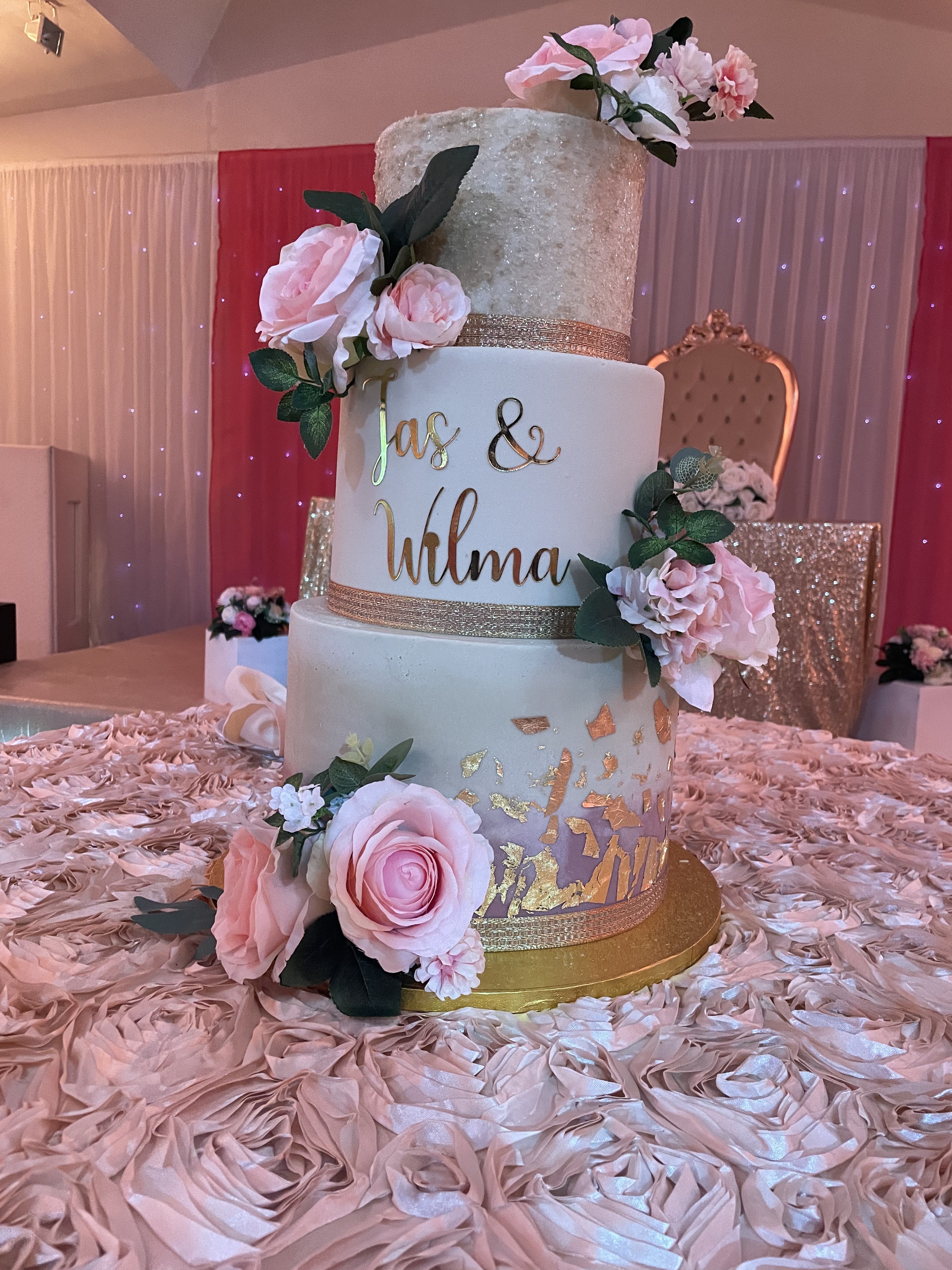 SHIMMER BAND FLORAL WEDDING CAKE