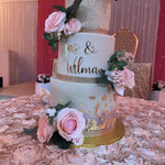 SHIMMER BAND FLORAL WEDDING CAKE