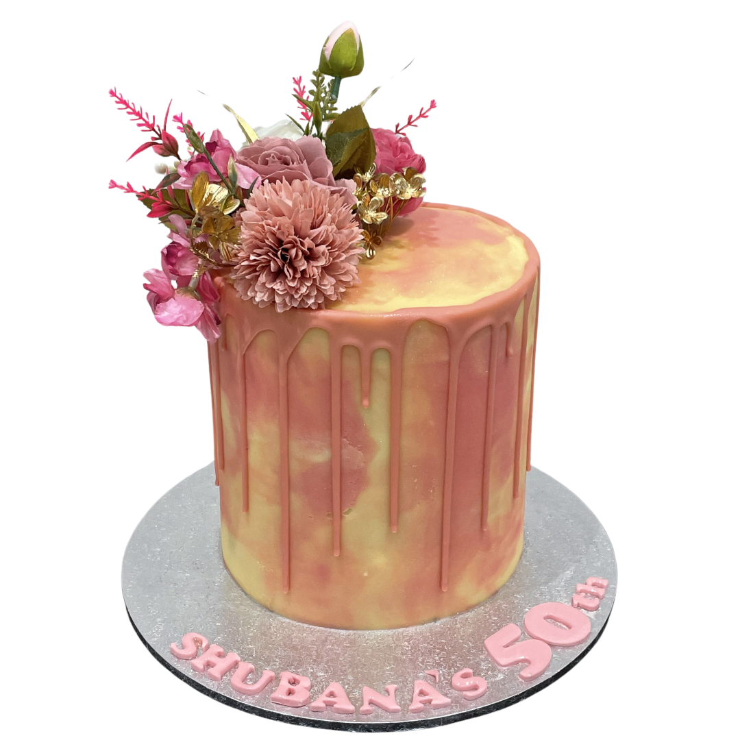 PINK MARBLE FLORAL DRIP CAKE