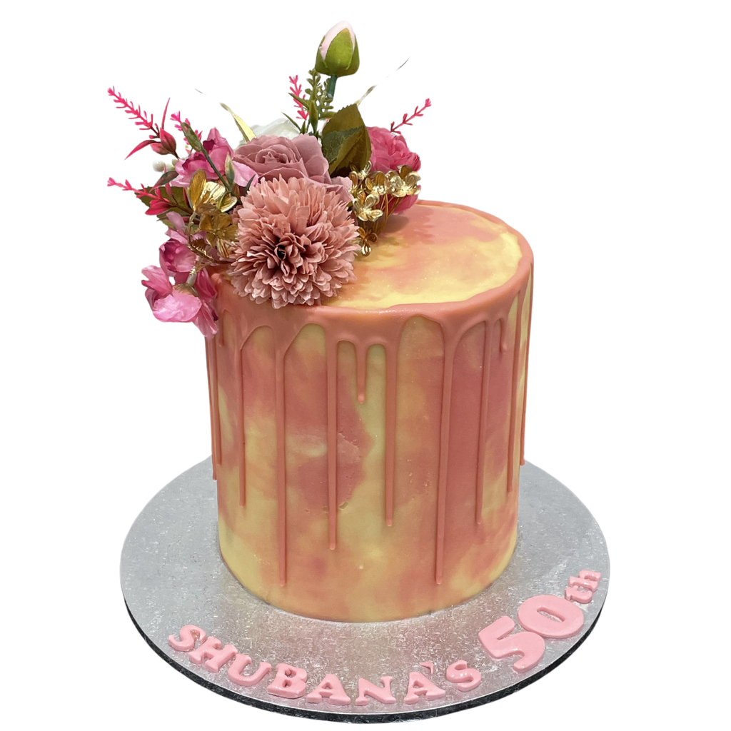 PINK MARBLE FLORAL DRIP CAKE