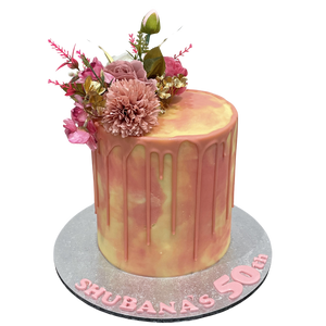 PINK MARBLE FLORAL DRIP CAKE