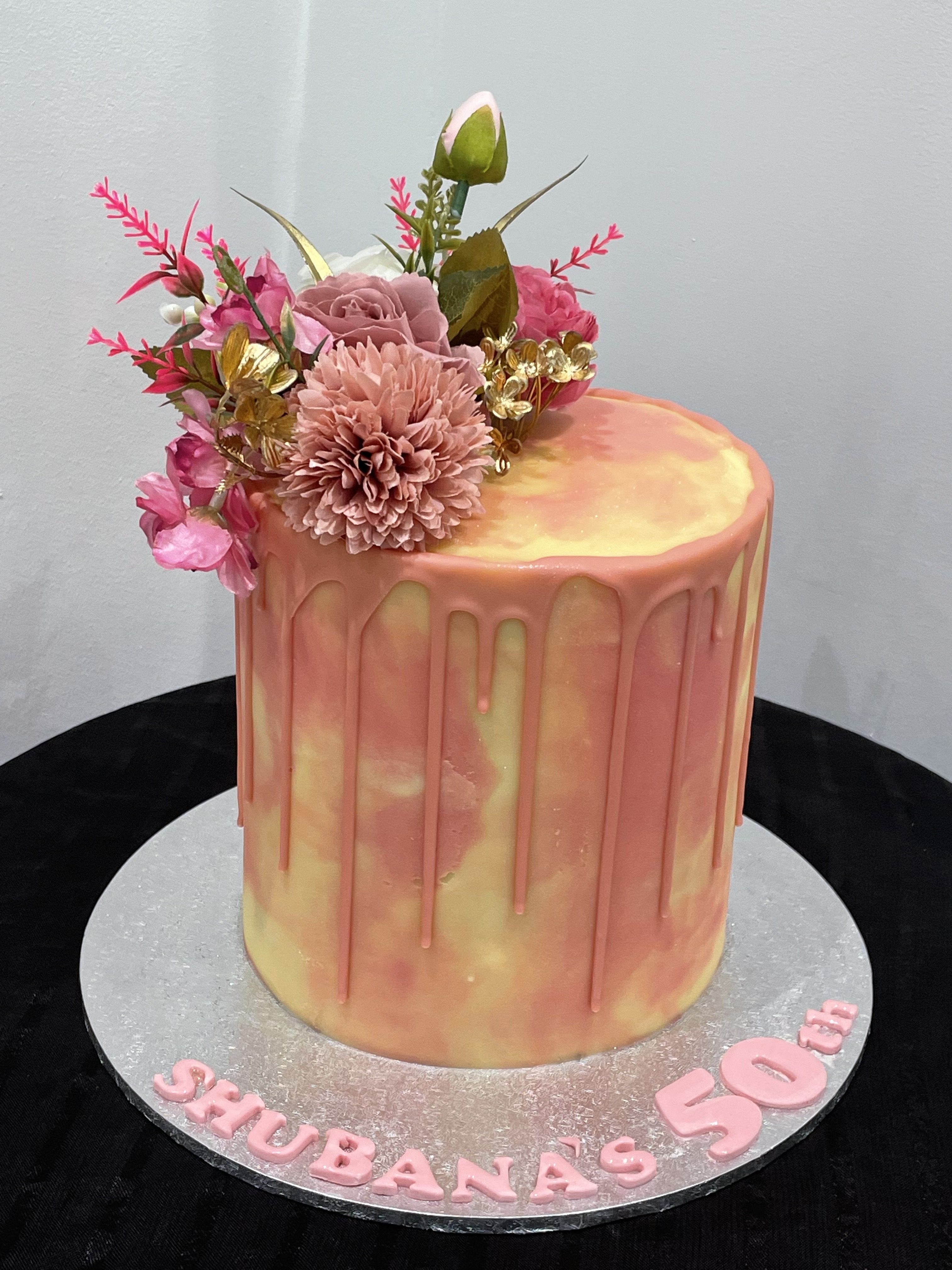 PINK MARBLE FLORAL DRIP CAKE