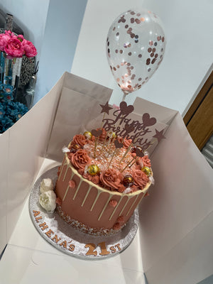 Chocolate Cake, 6 red Rose Bouquet, 6 Helium Balloon - GiftDubaiOnline