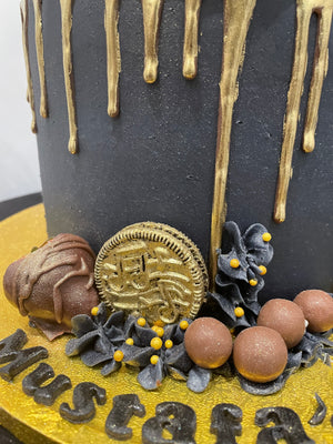 CHOCOLATE SHARD GOLD DRIP BLACK CAKE