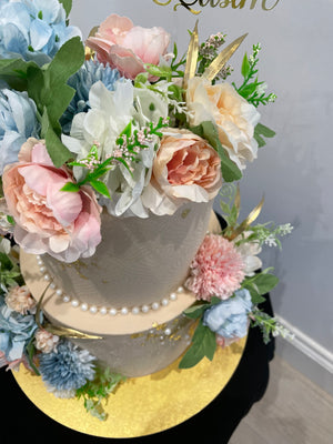 peony and rose gold edible pearls, 2 tier birthday cake