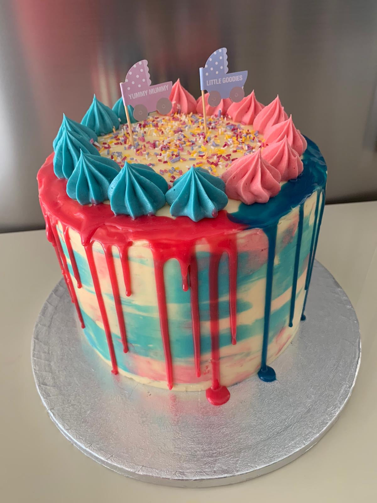 GENDER REVEAL DRIP CAKE